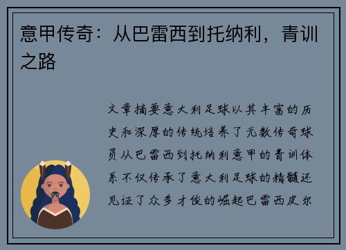 意甲传奇：从巴雷西到托纳利，青训之路