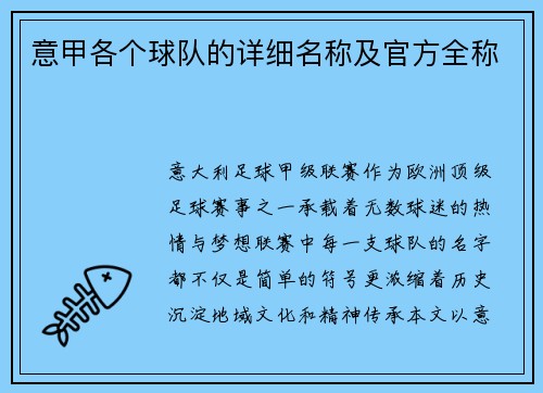 意甲各个球队的详细名称及官方全称