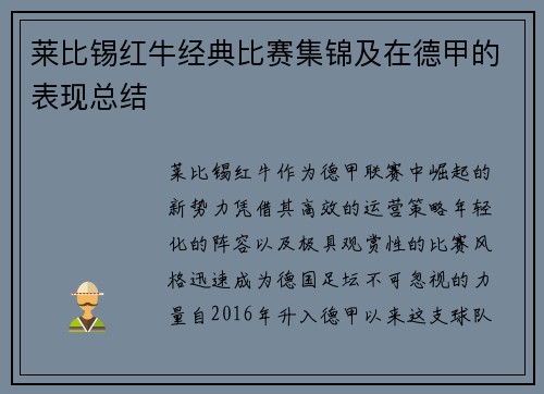 莱比锡红牛经典比赛集锦及在德甲的表现总结